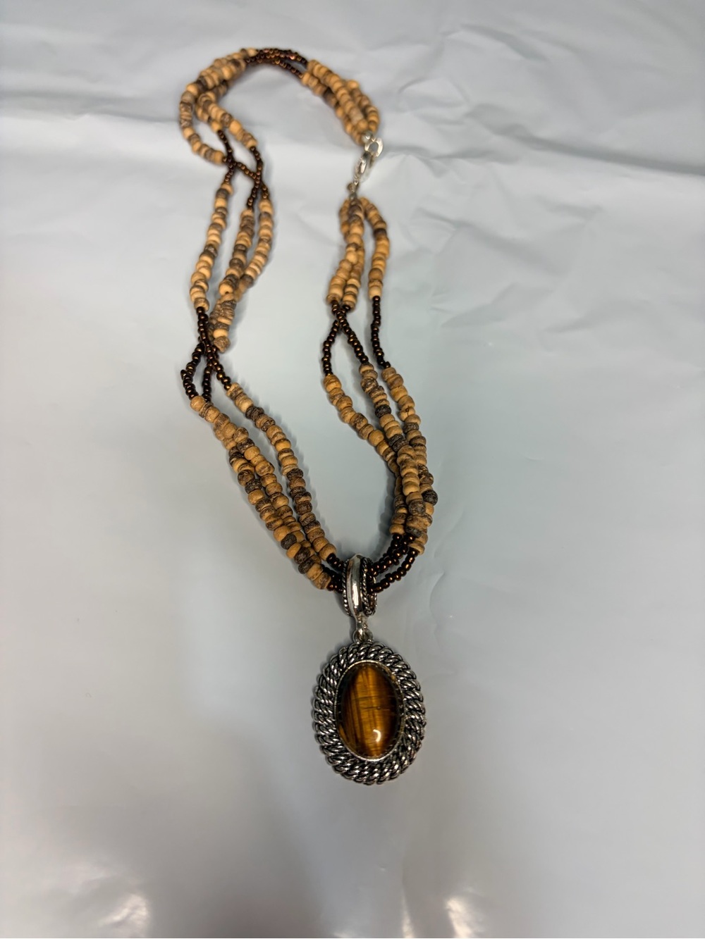Multi-Strand Brown Beaded Necklace with Tiger Eye Pendant